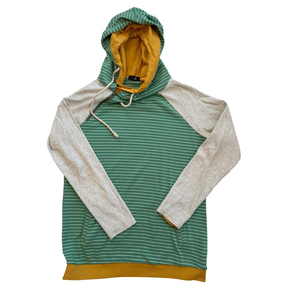 Ampersand Ave Hoodie Women Large Green Striped Excellent Asymmetrical Zip Raglan